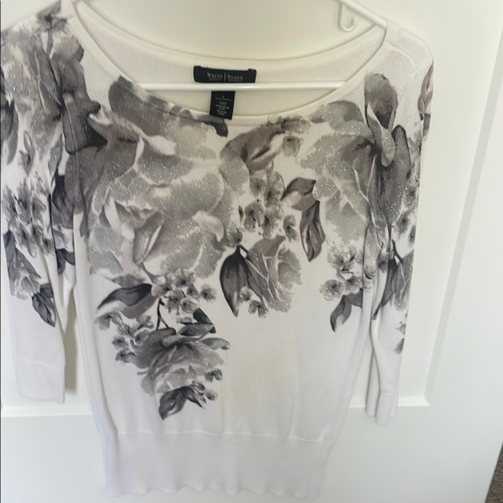 White Floral Scoopneck Sweater with Silver Glitter